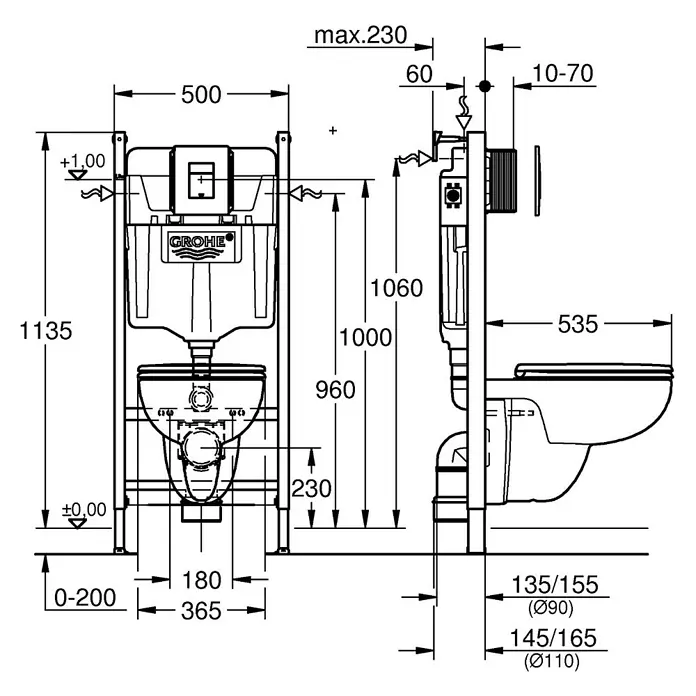 Grohe WC-Vorwandelement - 2-Mengen-Spülung, L x B x H: 12 x 50 x 113,5 cm - Technische Zeichnung einer GROHE Sanitärinstallation mit Maßangaben.
