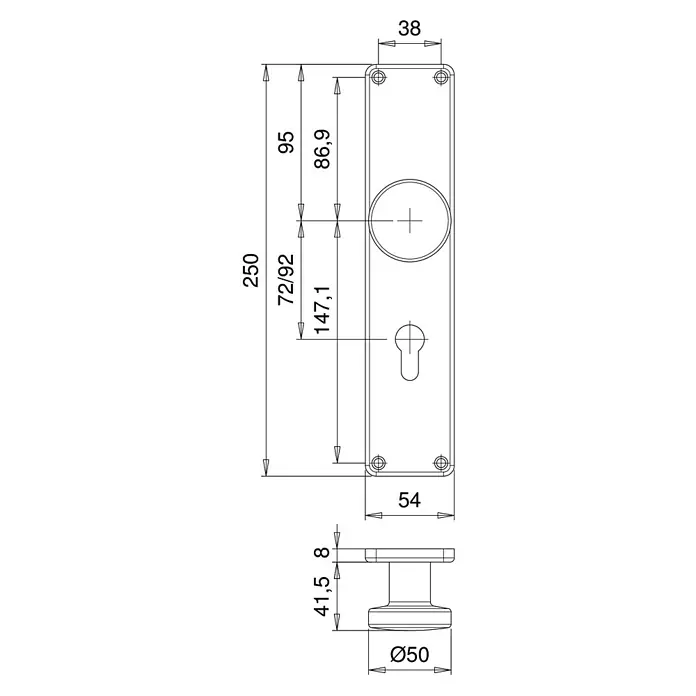 Portaferm Knopfkurzschild - Distanznorm: 72 mm, Edelstahl, Eckig - Technische Zeichnung eines Türbeschlags mit allen Maßen. Der Türbeschlag ist länglich und verfügt über einen Türgriff.