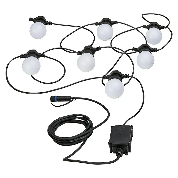 Paulmann Plug & Shine LED-Lichterkette - Außen, Lichtfarbe: Warmweiß, Anzahl Leuchtmittel: 7 Stk. - Lichterkette mit sieben runden, weißen Glühbirnen und schwarzem Kabel für den Außenbereich, ideal für Gartenpartys.