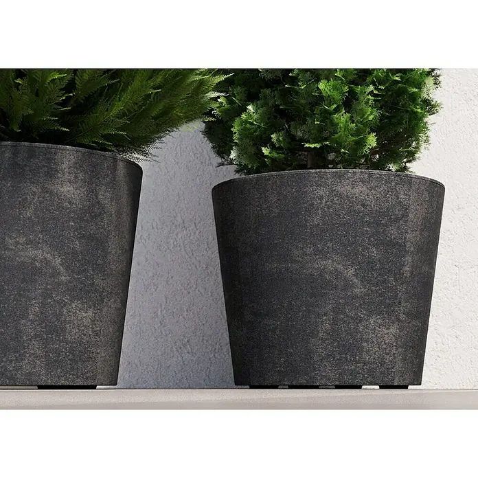 Deroma Millennium Pflanzkübel rund - Außenmaß (Ø x H): 59 x 49 cm, Aus recyceltem Kunststoff, Anthrazit - Zwei Pflanzgefäße in modernem Design mit grünen Pflanzen, die eine stilvolle und natürliche Note in den Raum bringen.