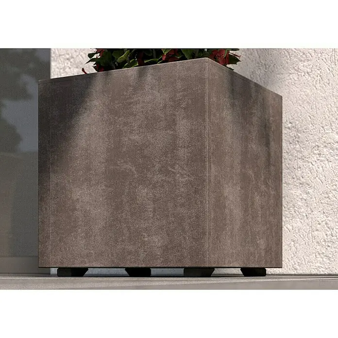Deroma Millennium Pflanzkübel eckigL x B x H: 39 x 39 x 39 cm, Kunststoff, Sand - Nahaufnahme eines quadratischen Pflanzgefäßes aus Beton mit Pflanzen. Der Pflanzkasten steht auf kleinen Füßen und hat eine raue, strukturierte Oberfläche.