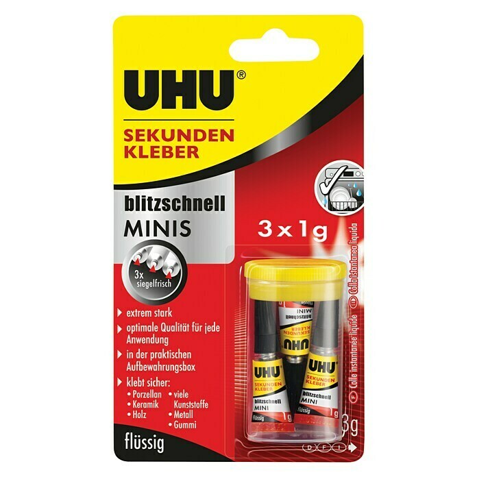 UHU Sekundenkleber Blitzschnell Minis3 x 1 g, Minituben in Aufbewahrungsbox, Flüssig Front View