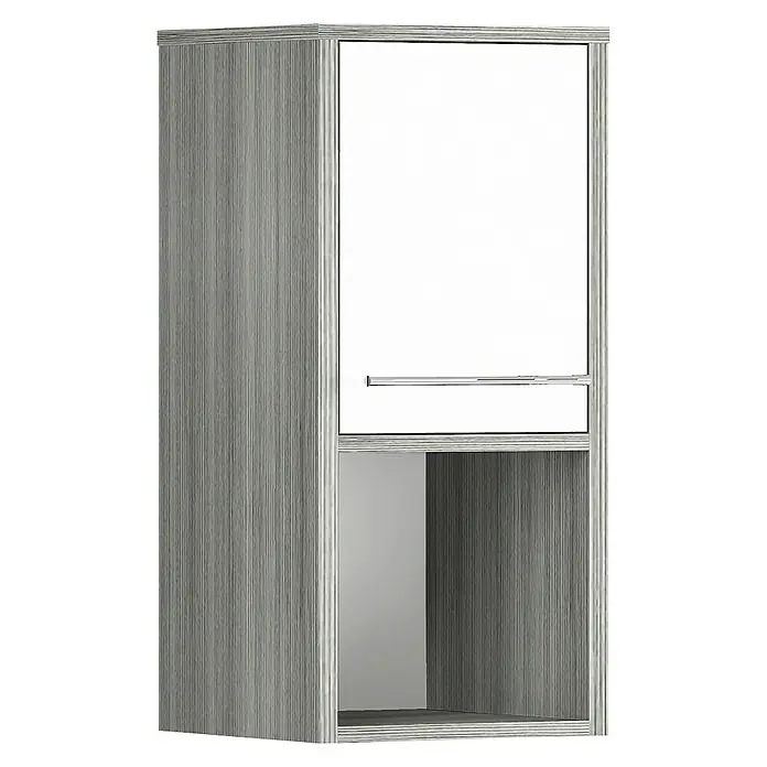 Astor Oslo Armario colgante de baño - 33 x 28 x 68 cm, Grafito, Blanco - Imagen de un armario de pared gris y blanco con compartimentos abiertos y cerrados.