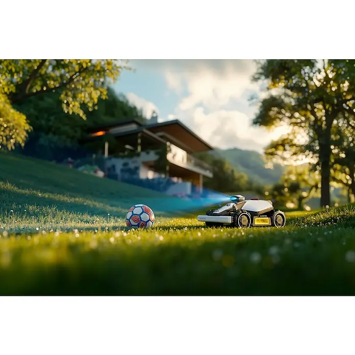 Mammotion Mähroboter Luba Mini AWD 800800 m², Schnittbreite: 200 mm, Satellitengestützte Navigation, RTK - Ein Mähroboter der Marke Mammotion steht mit eingeschaltetem Licht auf einem Rasen mit einem Fußball im Vordergrund.
