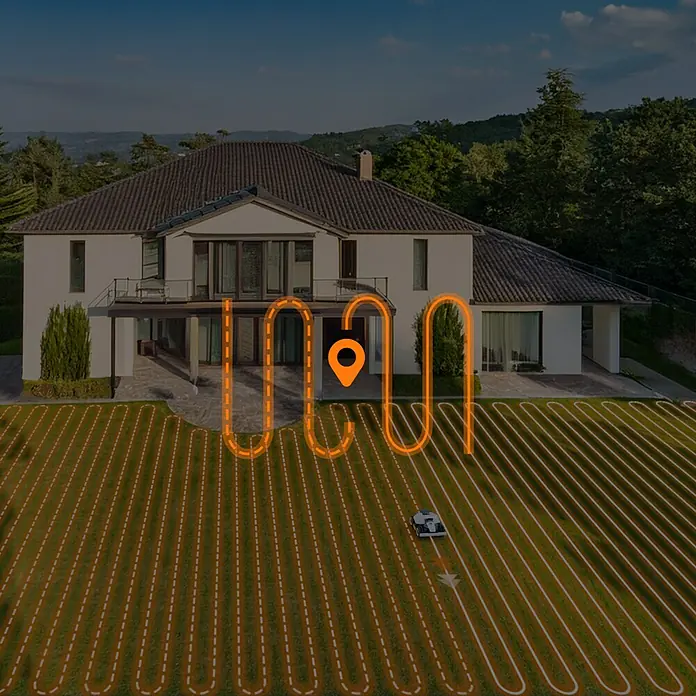 Mammotion Mähroboter Luba Mini AWD 800 - 800 m², Schnittbreite: 200 mm, Satellitengestützte Navigation, RTK - Das Bild zeigt einen Rasenmähroboter, der autonom einen Garten pflegt, mit einem hervorgehobenen Navigationspfad.
