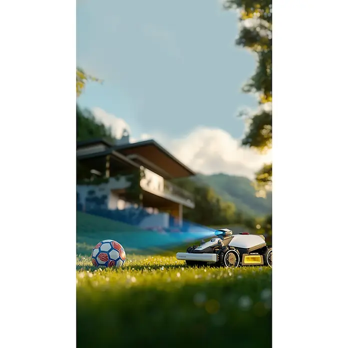 Mammotion Mähroboter Luba Mini AWD 800800 m², Schnittbreite: 200 mm, Satellitengestützte Navigation, RTK - Ein Rasenmähroboter leuchtet auf einem Rasen neben einem Fußball. Im Hintergrund ist ein Haus zu sehen.