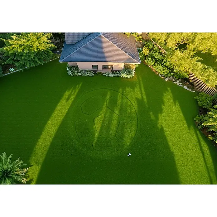 Mammotion Mähroboter Luba Mini AWD 800 - 800 m², Schnittbreite: 200 mm, Satellitengestützte Navigation, RTK - Rasenkunst: Luftaufnahme eines gepflegten Rasens mit einem kunstvoll gemähten Fußballmotiv, neben einem modernen Haus.