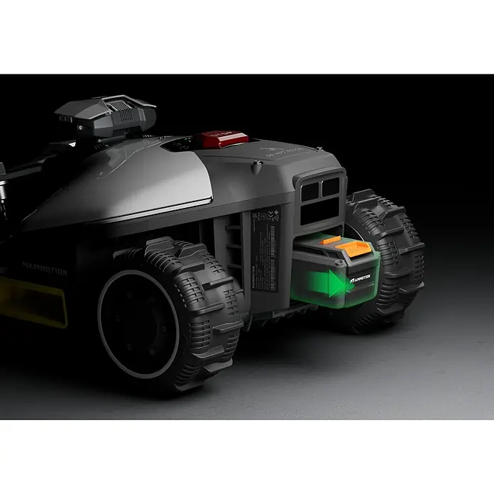 Mammotion Mähroboter Luba Mini AWD 800 - 800 m², Schnittbreite: 200 mm, Satellitengestützte Navigation, RTK - Nahaufnahme eines Mammotion Robotermähers mit Fokus auf den Akku.