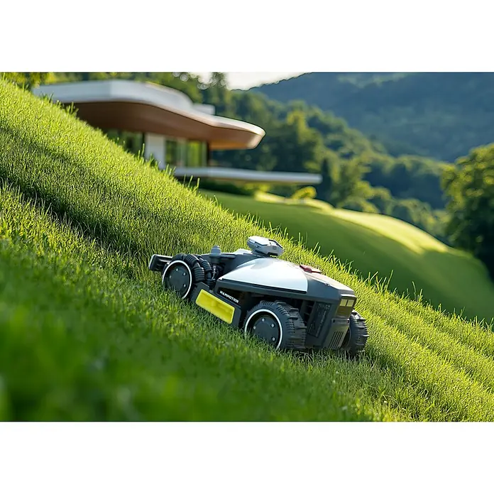 Mammotion Mähroboter Luba Mini AWD 800 - 800 m², Schnittbreite: 200 mm, Satellitengestützte Navigation, RTK - Ein Mammotion-Mähroboter beim Rasenmähen auf einem Hügel. Das Produkt ist robust und kann auch in schwierigem Gelände eingesetzt werden.