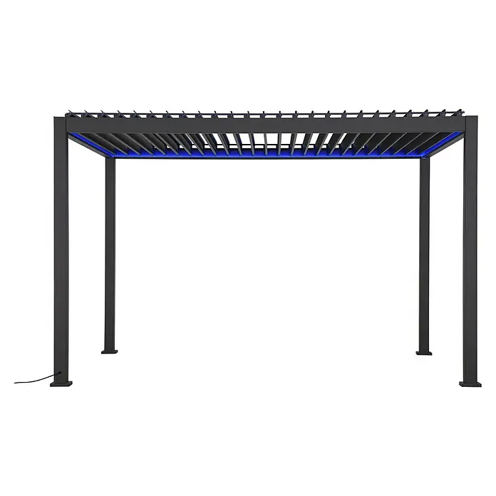 Sunfun Lamellenpavillon Korfu - B x T: 400 x 300 cm, Farbe Gestell: Anthrazit, Aluminium - Graue Pergola mit Lamellendach und blauer LED-Beleuchtung, ideal für Garten oder Terrasse, die Schatten und Atmosphäre spendet.