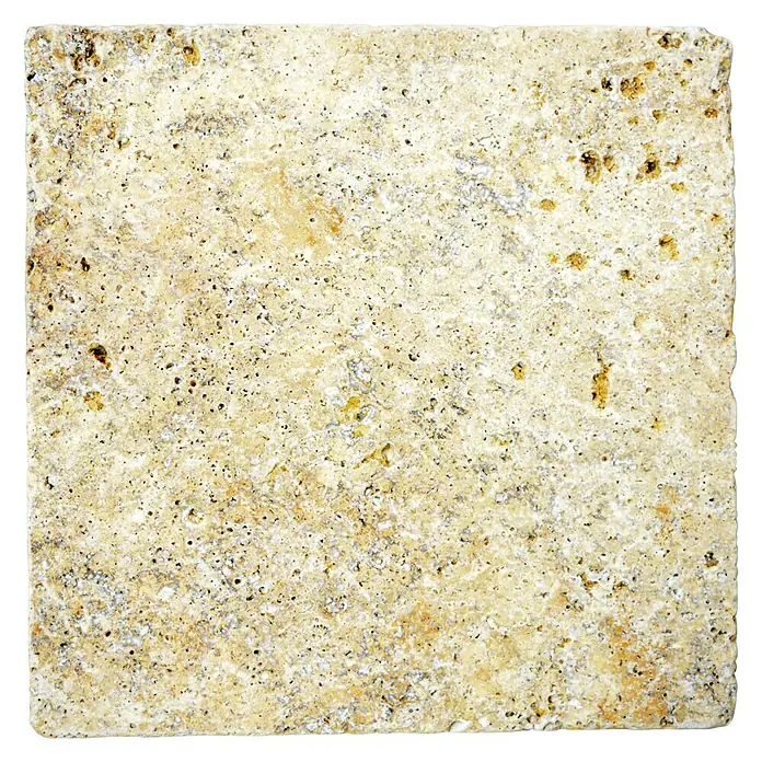 Antikmarmorfliese Travertin Gold - 30,5 x 30,5 cm, Gold, Matt - Nahaufnahme einer quadratischen Travertinfliese mit beiger Maserung und unregelmäßiger Textur.