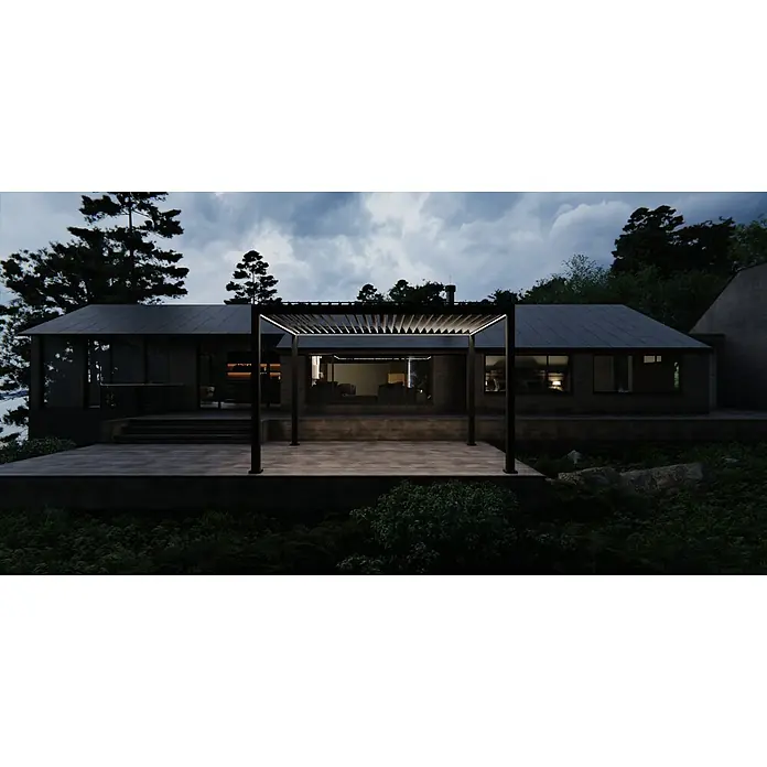 Sunfun Lamellenpavillon Korfu - B x T: 400 x 300 cm, Farbe Gestell: Anthrazit, Aluminium - Bild eines modernen Hauses mit einer Pergola, die mit subtilen Lichtern beleuchtet ist und eine warme Atmosphäre erzeugt.