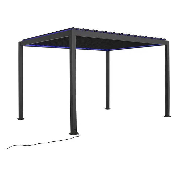 Sunfun Lamellenpavillon Korfu - B x T: 400 x 300 cm, Farbe Gestell: Anthrazit, Aluminium - Eine stilvolle Pergola mit blauer Beleuchtung, ideal für den Garten oder die Terrasse, die Schatten spendet und eine gemütliche Atmosphäre schafft.