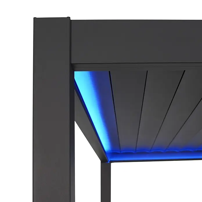 Sunfun Lamellenpavillon Korfu - B x T: 400 x 300 cm, Farbe Gestell: Anthrazit, Aluminium - Detailaufnahme einer modernen Pergola mit integrierter, blauer LED-Beleuchtung für eine stimmungsvolle Atmosphäre.
