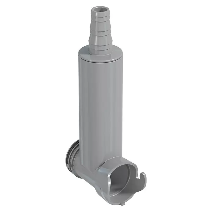 Prevex Raumsparsiphon Spülmaschinenerweiterung Smartloc - Grau - Grauer Kunststoff-Inline-Pumpen- oder Rohrverbinder mit Schlauchstutzen oben und abgewinkeltem Schnellanschluss unten.