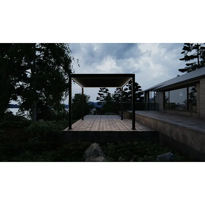 Sunfun Lamellenpavillon Korfu - B x T: 400 x 300 cm, Farbe Gestell: Anthrazit, Aluminium - Eine moderne Pergola mit integrierter Beleuchtung steht auf einer Terrasse, umgeben von üppiger Natur und einem modernen Haus.