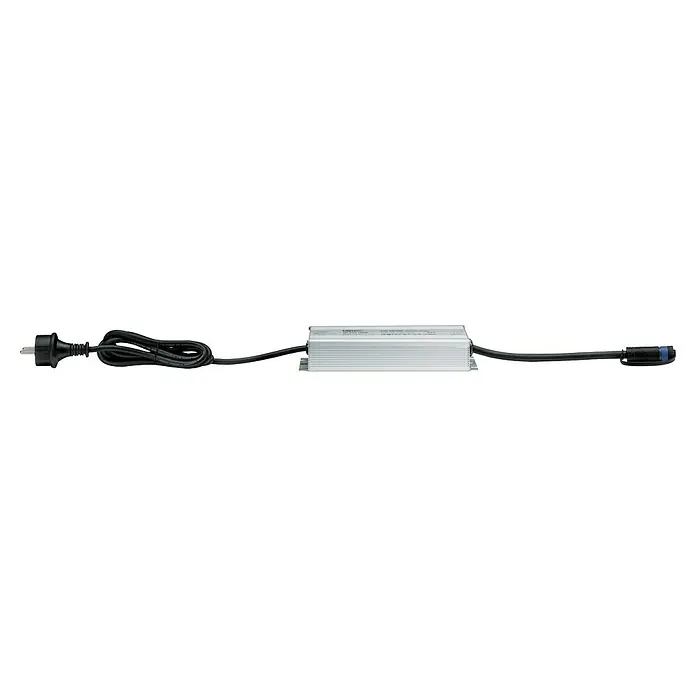 Paulmann Plug & Shine LED-Trafo - Max. Leistung: 150 W, 24 V, Silber, IP67 - Das Bild zeigt ein Ladegerät mit Netzkabel und Stecker, ideal für elektronische Geräte, im Detail.