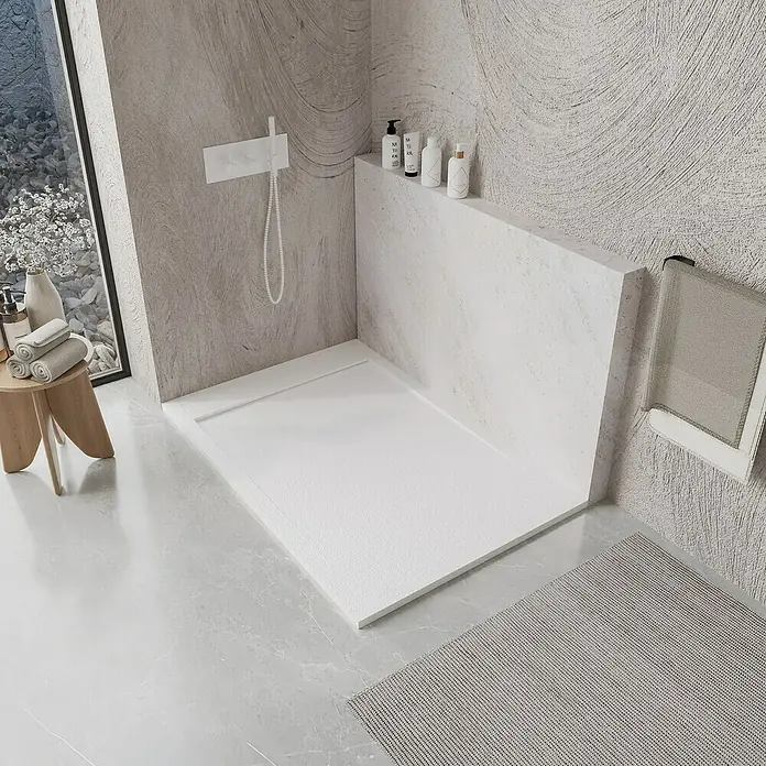 Plato de ducha aligerado Volga - L x An: 90 x 180 cm, Carga mineral, Blanco - Baño moderno con una elegante y lisa bandeja de ducha blanca a ras de suelo para un look minimalista.