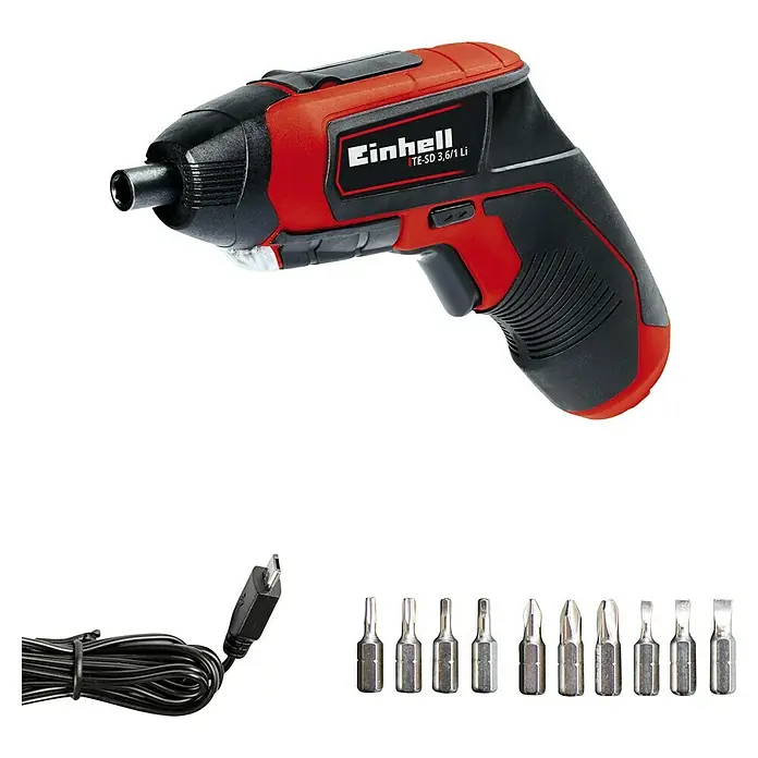 Einhell Expert Akkuschrauber TE-SD 3,6/1 Li - 3,6 V, 1,5 Ah - Ein roter und schwarzer Einhell TE-SD 3,6/1 Li Akku-Schrauber mit USB-Kabel und verschiedenen Schrauberbits für diverse Anwendungen.
