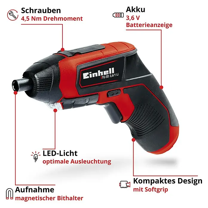 Einhell Expert Akkuschrauber TE-SD 3,6/1 Li - 3,6 V, 1,5 Ah - Abbildung eines roten und schwarzen Einhell TE-SD 3,6/1 Li Akku-Schraubendrehers mit verschiedenen technischen Daten.