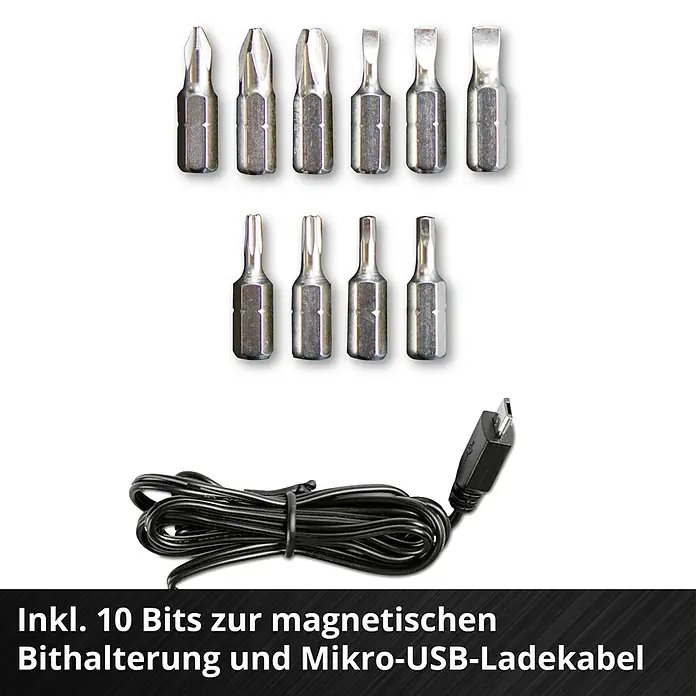 Einhell Expert Akkuschrauber TE-SD 3,6/1 Li - 3,6 V, 1,5 Ah - Abgebildet sind 10 Bits für magnetischen Bithalterung und ein Mikro-USB-Ladekabel.