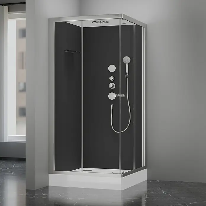 Aurlane Komplettdusche Black 2 Square - 90 x 90 x 215 cm, Weiß/Schwarz/Silber - Duschkabine mit schwarzer Rückwand und silbernen Armaturen. Elegantes Design für moderne Badezimmer mit Glasfronten.