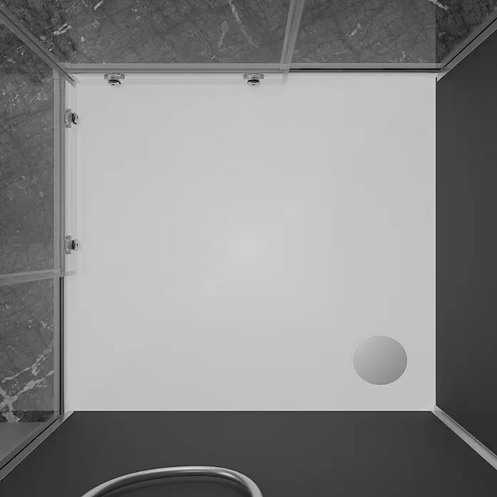 Aurlane Komplettdusche Black 2 Square - 90 x 90 x 215 cm, Weiß/Schwarz/Silber - Blick von oben auf eine weiße Duschwanne mit rundem Abfluss in einer Glasduschkabine mit dunklen Marmorwänden.