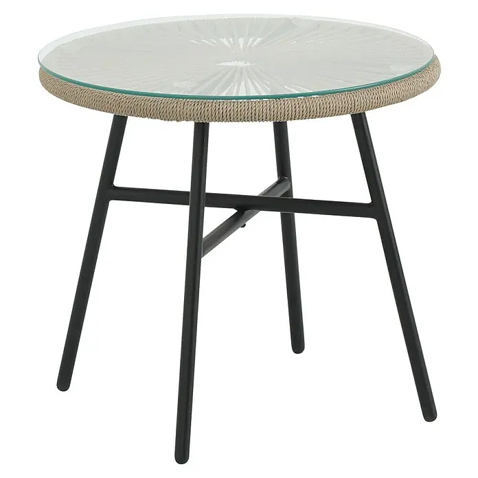Conjunto de muebles Frida - 5 pzs., Acero/Textiline, Antracita/Marrón - Mesa auxiliar con tapa de vidrio, borde envuelto y estructura de metal negro. Ideal para terraza y balcón.