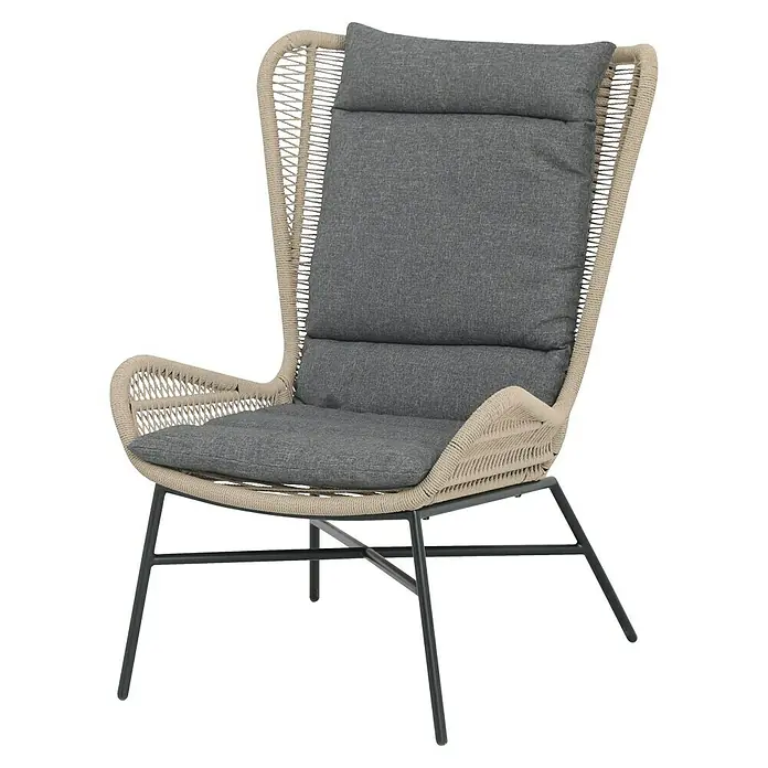 Conjunto de muebles Frida - 5 pzs., Acero/Textiline, Antracita/Marrón - Cómoda butaca con tejido beige claro y cojín gris. Las elegantes patas de metal oscuro complementan su diseño moderno.