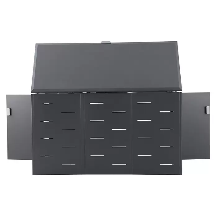 Gardol Mülltonnenbox - 203,5 x 117,5 cm, Stahl, Anthrazit, Geeignet für Anzahl Mülltonnen: 3 Stk. - Dunkelgraue Metall-Outdoor-Aufbewahrungsbox mit geöffnetem Deckel und Seitenwänden, mit gemusterten Lüftungsschlitzen.
