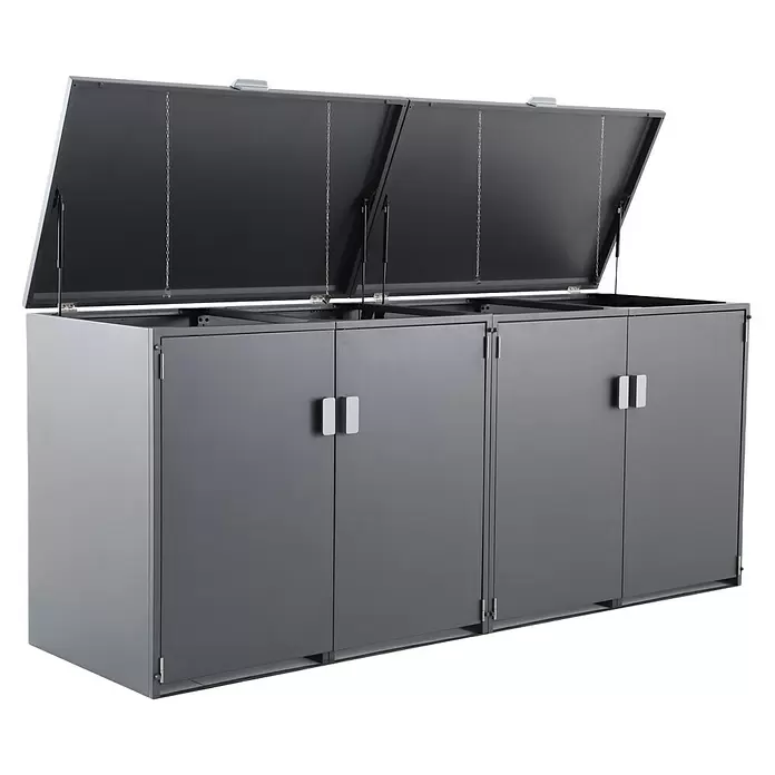 Gardol Mülltonnenbox - 268 x 117,5 cm, Stahl, Anthrazit, Geeignet für Anzahl Mülltonnen: 4 Stk. - Dunkelgrauer Metall-Mehrfach-Mülltonnenschrank mit offenen Klappdeckeln, Gasdruckfedern und Ketten sowie Fronttüren mit Griffen.