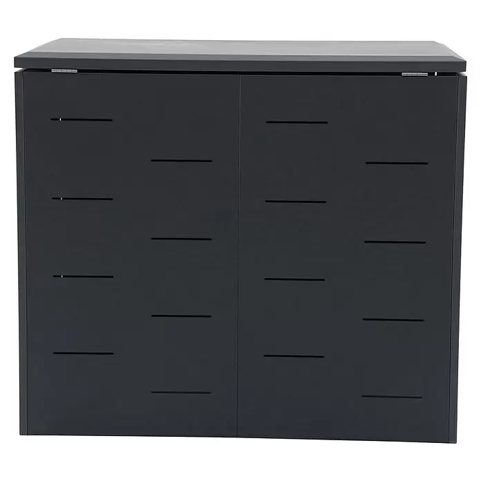 Gardol Mülltonnenbox - 134 x 117,5 cm, Stahl, Anthrazit, Geeignet für Anzahl Mülltonnen: 2 Stk. - Dunkelgrauer Lagerschrank mit Klappdeckel und zwei Fronttüren, jeweils mit horizontalen Lüftungsschlitzen.