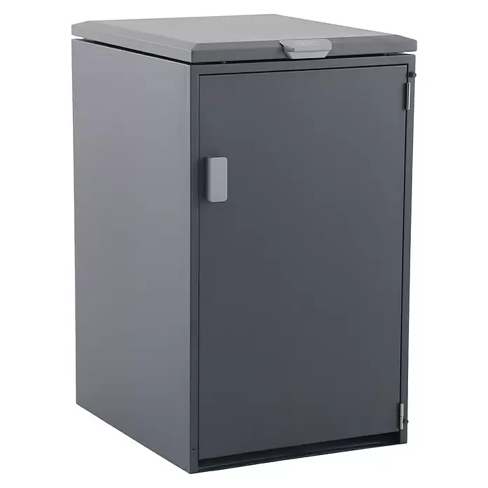 Gardol Mülltonnenbox - 69,5 x 117,5 cm, Stahl, Anthrazit, Geeignet für Anzahl Mülltonnen: 1 Stk. - Dunkelgrauer Metall-Aufbewahrungsschrank mit hellerer grauer Oberseite, Einzeltür und Griff.