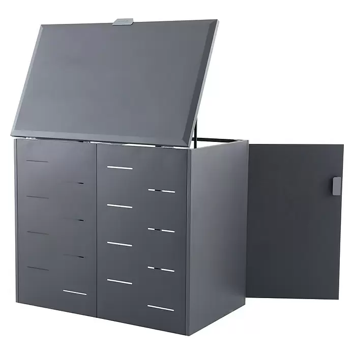 Gardol Mülltonnenbox - 134 x 117,5 cm, Stahl, Anthrazit, Geeignet für Anzahl Mülltonnen: 2 Stk. - Dunkelgrauer Metall-Mülltonnenschrank mit offenem Deckel und Seitenwand, mit Lüftungsschlitzen.
