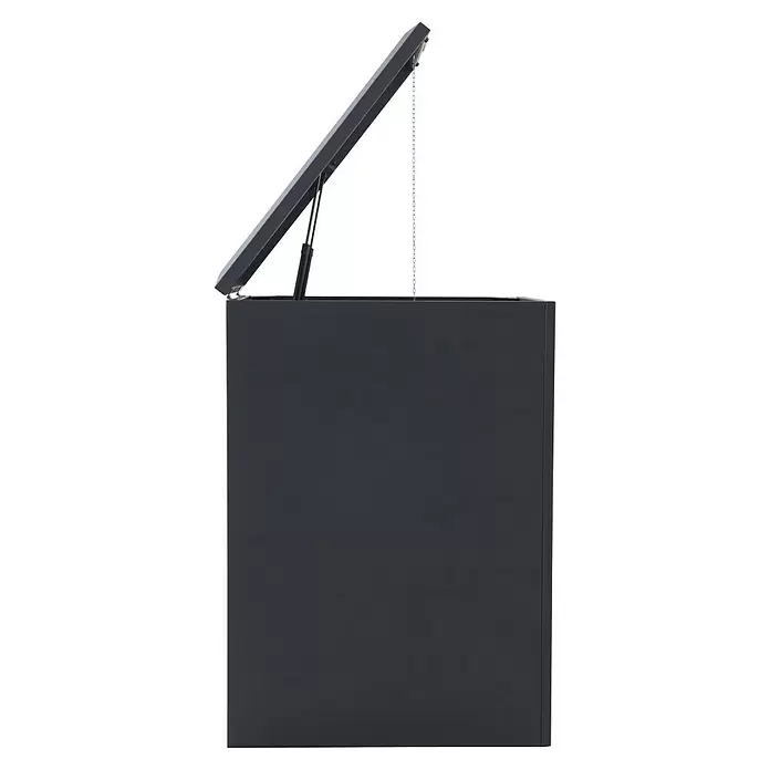 Gardol Mülltonnenbox - 69,5 x 117,5 cm, Stahl, Anthrazit, Geeignet für Anzahl Mülltonnen: 1 Stk. - Dunkelgraue Aufbewahrungsbox mit teiloffenem Deckel, gestützt von Gasdruckfedern. Eine dünne Kette hängt vom Deckel.