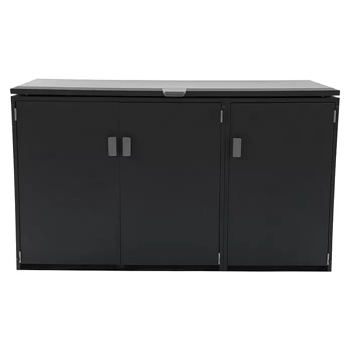 Gardol Mülltonnenbox - 203,5 x 117,5 cm, Stahl, Anthrazit, Geeignet für Anzahl Mülltonnen: 3 Stk. - Dunkelgrauer Outdoor-Stauraumschrank mit hellgrauer Oberseite und drei Türen.