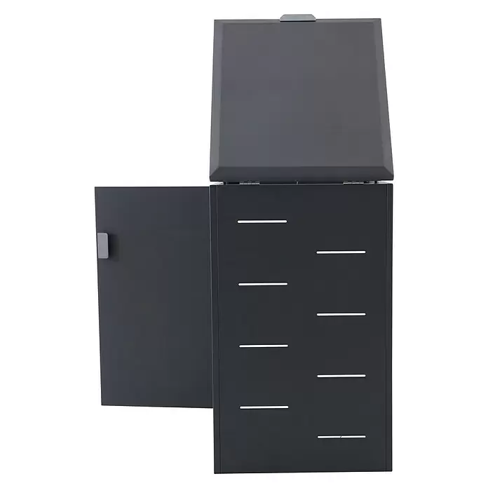 Gardol Mülltonnenbox - 69,5 x 117,5 cm, Stahl, Anthrazit, Geeignet für Anzahl Mülltonnen: 1 Stk. - Dunkelgraue Metall-Paketbox mit geöffnetem Deckel und offener Seitentür, mit mehreren horizontalen Schlitzen auf der Vorderseite.