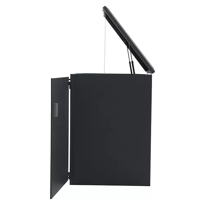 Gardol Mülltonnenbox - 69,5 x 117,5 cm, Stahl, Anthrazit, Geeignet für Anzahl Mülltonnen: 1 Stk. - Schwarzer Schrank mit hochklappbarem Deckel, von Gasdruckfedern gestützt, und offener Seitentür.