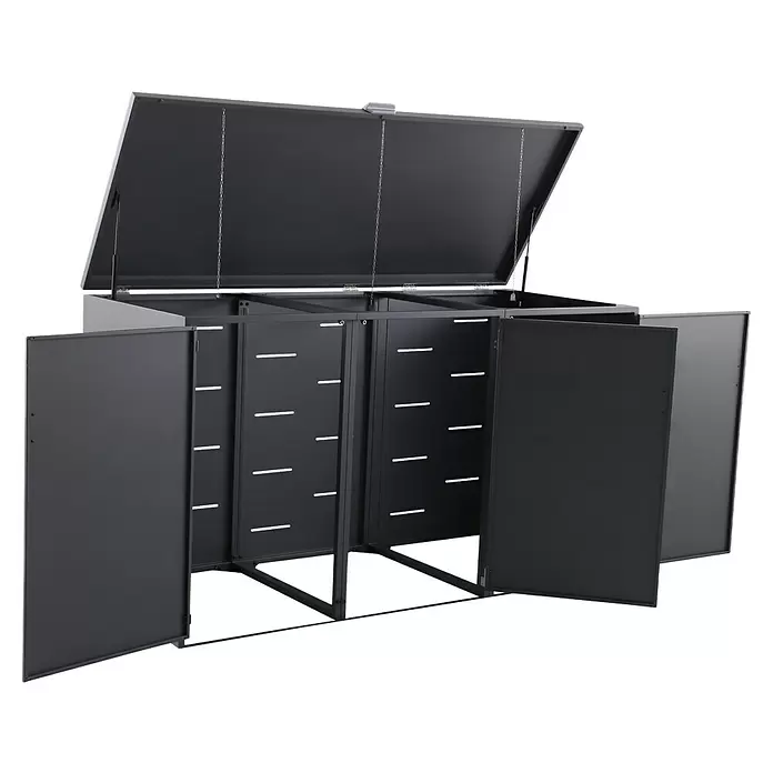 Gardol Mülltonnenbox - 203,5 x 117,5 cm, Stahl, Anthrazit, Geeignet für Anzahl Mülltonnen: 3 Stk. - Dunkelgraue Metall-Aufbewahrungsbox für draußen mit geöffnetem Deckel und mehreren offenen Türen, die Fächer zeigen.