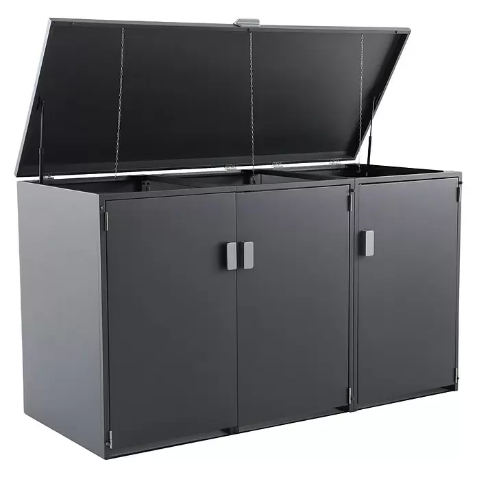 Gardol Mülltonnenbox - 203,5 x 117,5 cm, Stahl, Anthrazit, Geeignet für Anzahl Mülltonnen: 3 Stk. - Dunkelgrauer Metall-Aufbewahrungsschrank mit offenem Deckel und drei Türen.