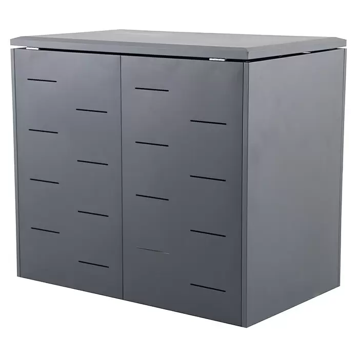Gardol Mülltonnenbox - 134 x 117,5 cm, Stahl, Anthrazit, Geeignet für Anzahl Mülltonnen: 2 Stk. - Dunkelgrauer zweitüriger Schrank mit horizontalen Grifflamellen und überstehender Deckplatte.
