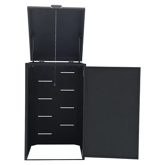 Gardol Mülltonnenbox - 69,5 x 117,5 cm, Stahl, Anthrazit, Geeignet für Anzahl Mülltonnen: 1 Stk. - Offener dunkelgrauer Metall-Mülltonnenbox mit durch Gasfedern gestütztem Deckel und offener Vordertür, die Lüftungsschlitze zeigt.