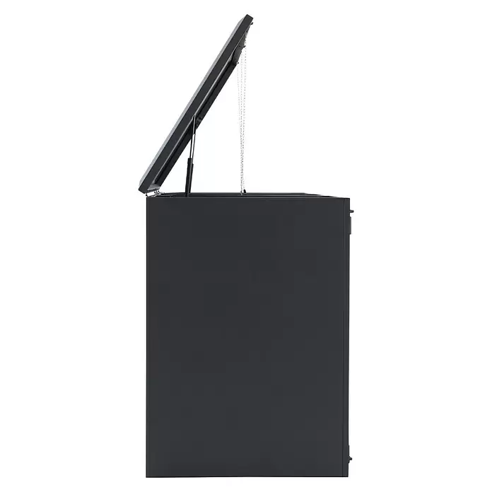 Gardol Mülltonnenbox - 203,5 x 117,5 cm, Stahl, Anthrazit, Geeignet für Anzahl Mülltonnen: 3 Stk. - Dunkelgraue Truhe mit geöffnetem Deckel, gestützt von einer Gasfeder und einer Kette.