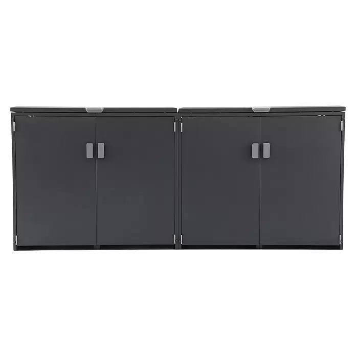 Gardol Mülltonnenbox - 268 x 117,5 cm, Stahl, Anthrazit, Geeignet für Anzahl Mülltonnen: 4 Stk. - Zwei dunkelgraue Outdoor-Aufbewahrungsschränke mit mehreren Türen und silbernen Griffen.