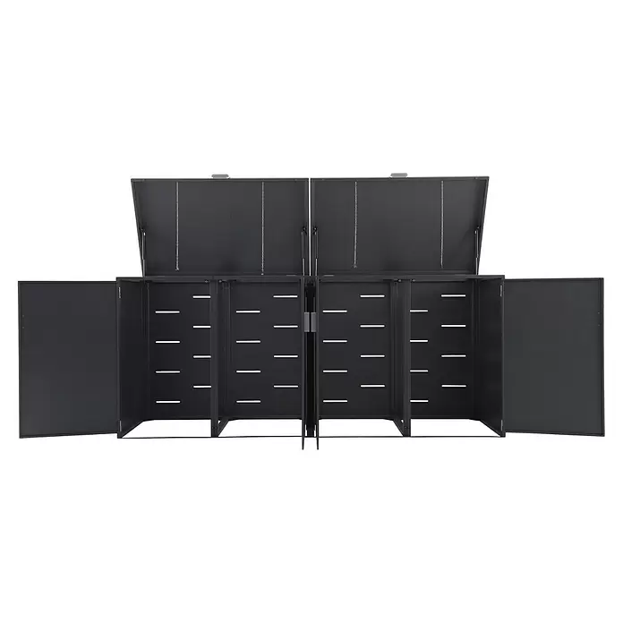 Gardol Mülltonnenbox - 268 x 117,5 cm, Stahl, Anthrazit, Geeignet für Anzahl Mülltonnen: 4 Stk. - Dunkelgrauer Metall-Aufbewahrungsschrank für den Außenbereich mit geöffneten Deckeln und Türen, der das Innere zeigt.