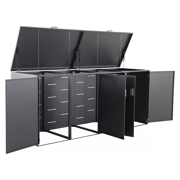 Gardol Mülltonnenbox - 268 x 117,5 cm, Stahl, Anthrazit, Geeignet für Anzahl Mülltonnen: 4 Stk. - Dunkelgraue Metall-Lagerbox mit mehreren Fächern, geöffneten Deckeln und Fronttüren.