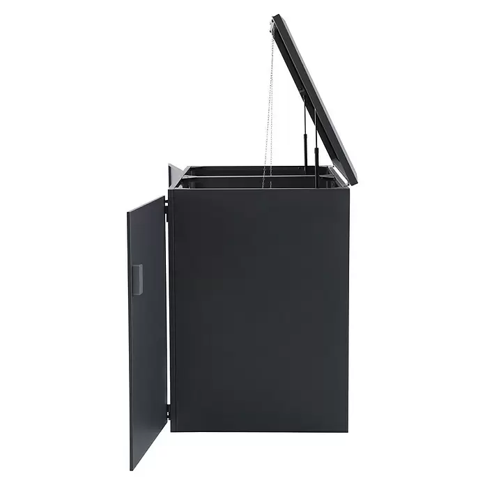 Gardol Mülltonnenbox - 134 x 117,5 cm, Stahl, Anthrazit, Geeignet für Anzahl Mülltonnen: 2 Stk. - Dunkelgrauer Schrank mit offener Gasdruckfeder-Deckel und offener Fronttür, zeigt innere Ketten.