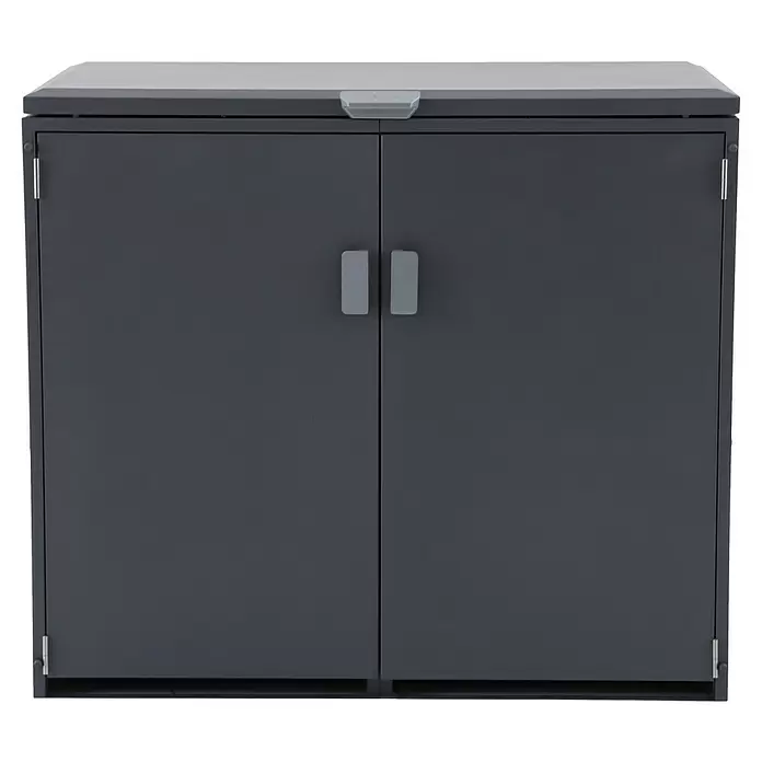 Gardol Mülltonnenbox - 134 x 117,5 cm, Stahl, Anthrazit, Geeignet für Anzahl Mülltonnen: 2 Stk. - Dunkelgrauer zweitüriger Aufbewahrungsschrank mit grauen Griffen und einem oberen Riegel.