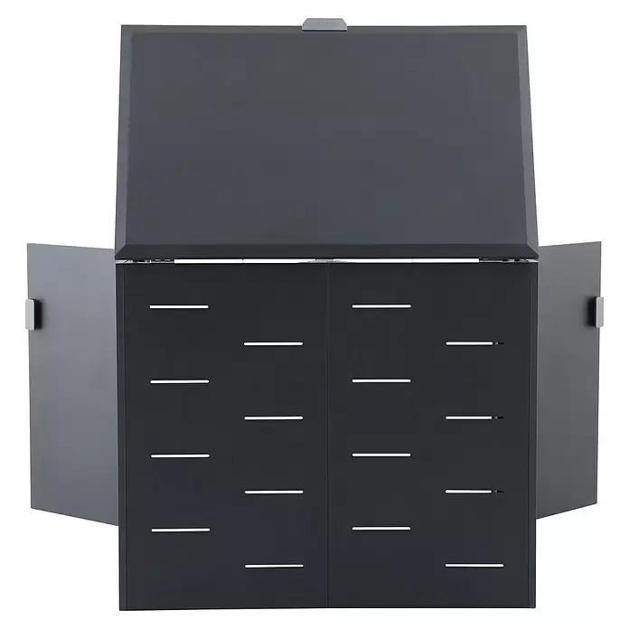 Gardol Mülltonnenbox - 134 x 117,5 cm, Stahl, Anthrazit, Geeignet für Anzahl Mülltonnen: 2 Stk. - Anthrazitfarbenes Aufbewahrungsmöbel mit offenem Deckel und Seitenwänden, mit horizontalen Schlitzen auf der Vorderseite.