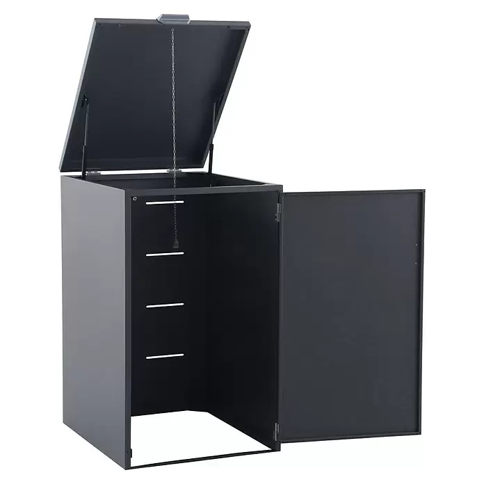 Gardol Mülltonnenbox - 69,5 x 117,5 cm, Stahl, Anthrazit, Geeignet für Anzahl Mülltonnen: 1 Stk. - Dunkelgraue Mülltonnenbox aus Metall mit geöffnetem Deckel und Tür, innen mit Fächern und Kette.